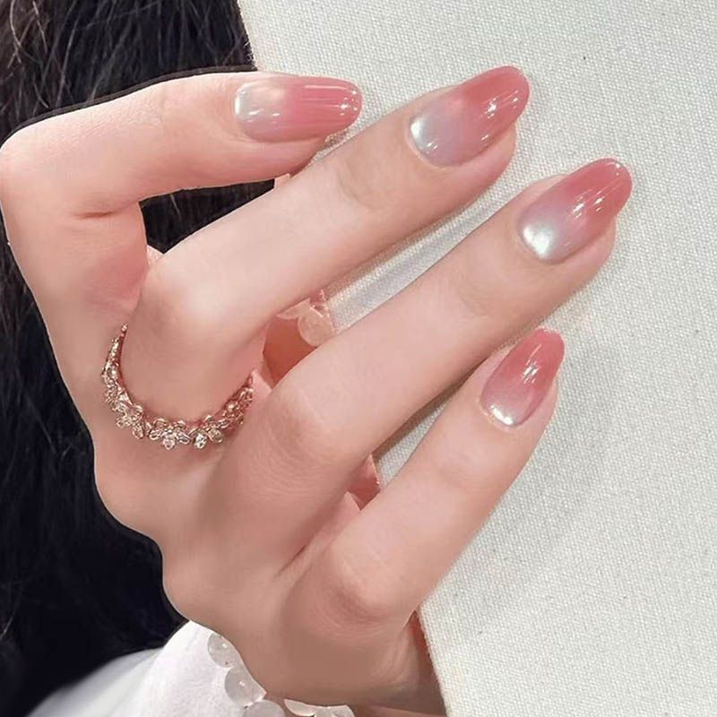 Glossy Rose Shimmer Almond Ombre Press-on Nails
