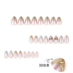 Blush Pink 3D Gold Bow Lace Pearl Handmade Almond Press-On Nails | 30 Pcs + Free Kit