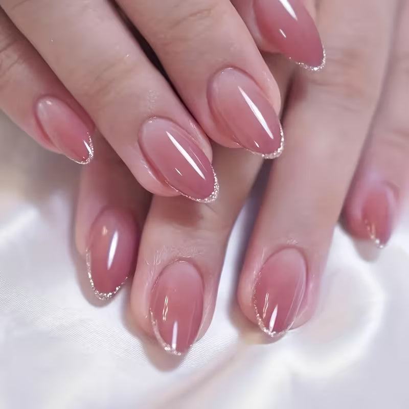 Rosé Blush Ombre Oval With Glitter French line Luxury Press-Ons