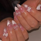 3D Pink Glitter Ombre Almond Press-Ons with Butterfly & Rhinestones